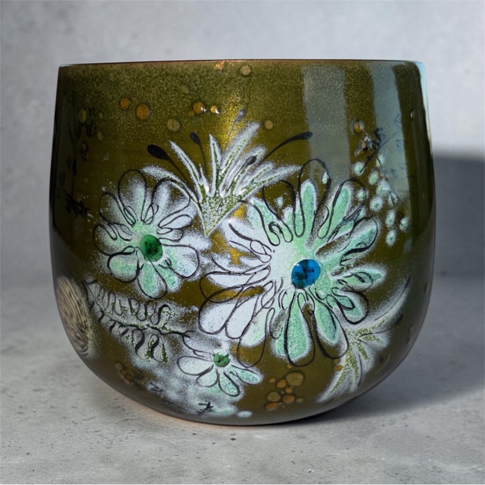 Vintage MCM Sascha Brastoff Enamel Cachet Pot (missing base) Olive Green Floral